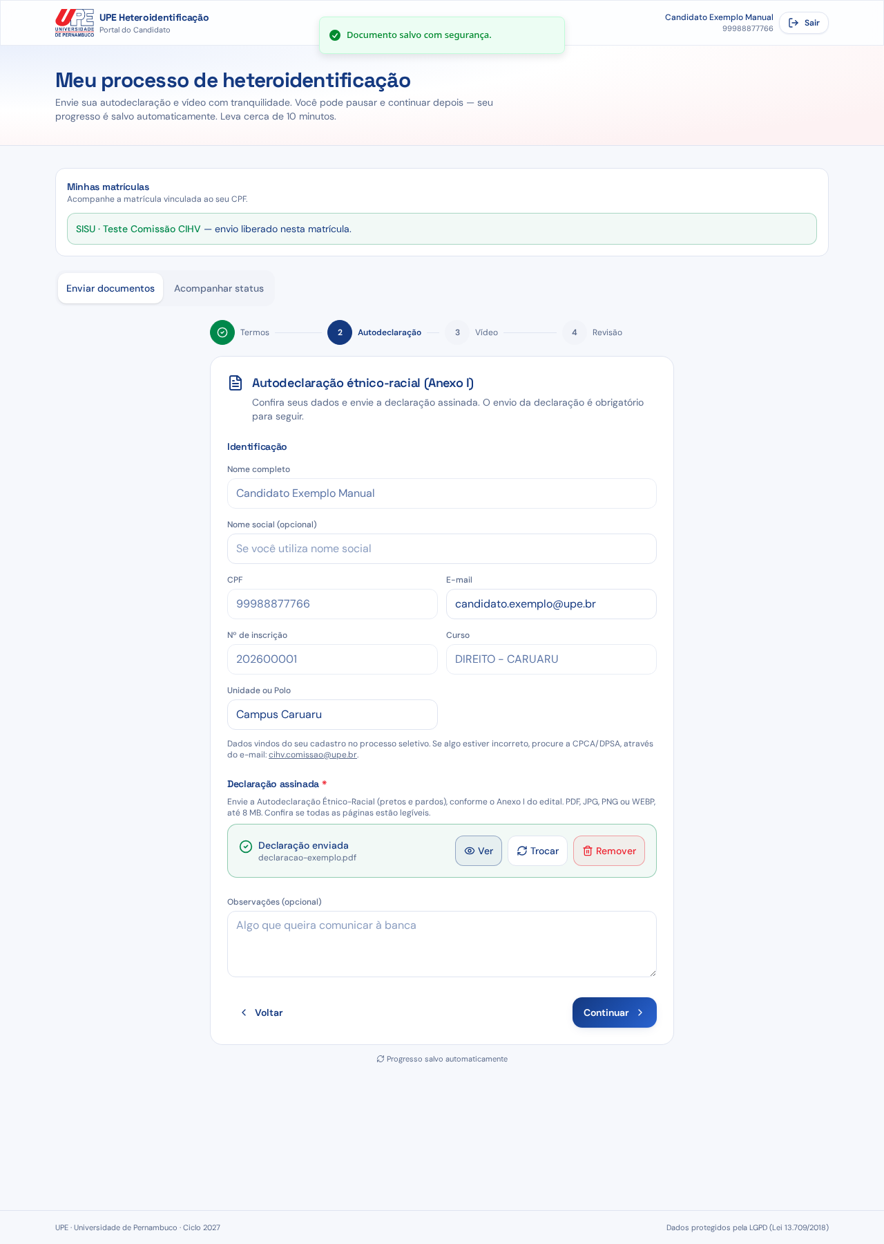 Etapa Autodeclaração com a declaração assinada enviada