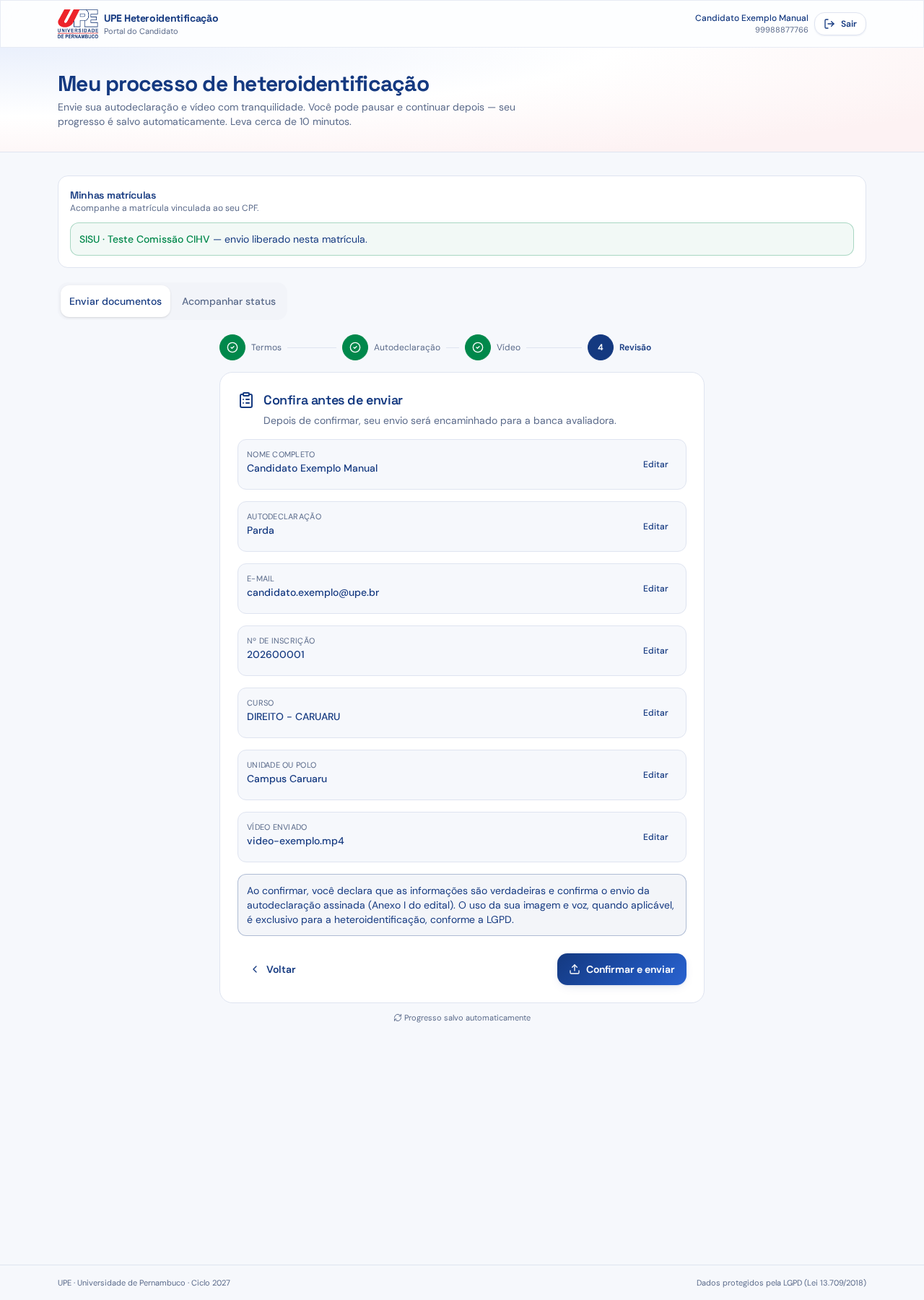 Etapa Revisão com o resumo antes de confirmar o envio