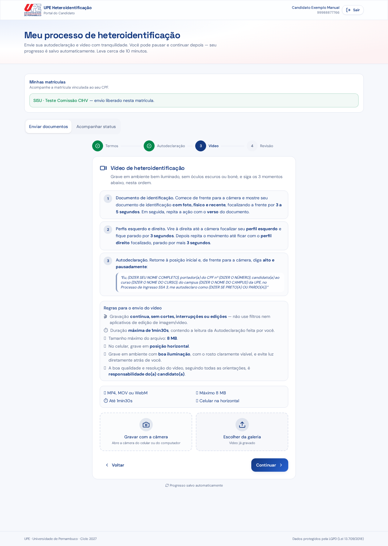 Etapa Vídeo com orientações e opções de gravação ou envio
