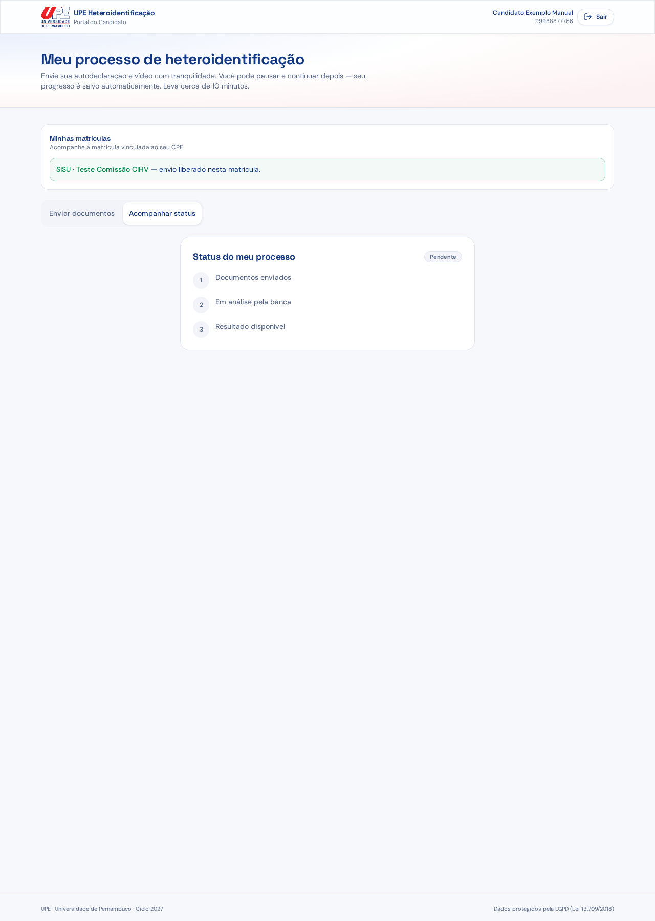 Aba Acompanhar status com o andamento do processo